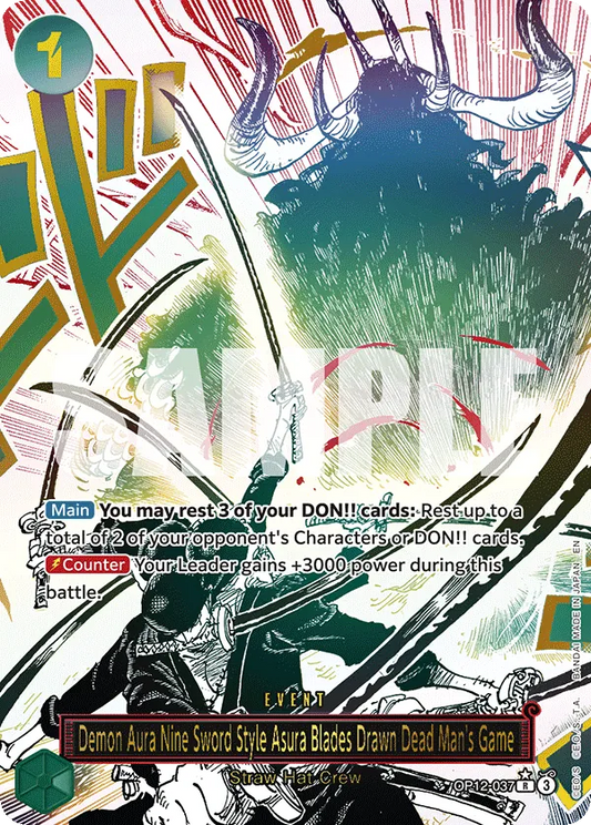 OP12-037 PR Demon Aura Nine Sword Style Asura Blades Drawn Dead Man's Game EN